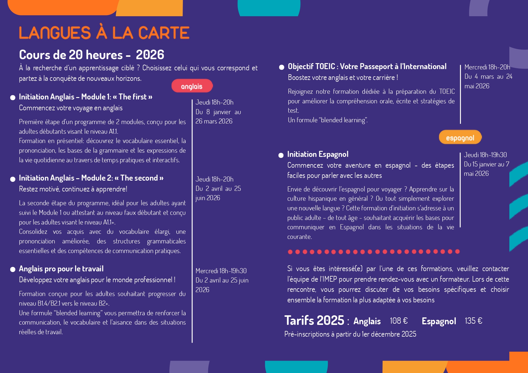 Détail des cours proposées en 2026